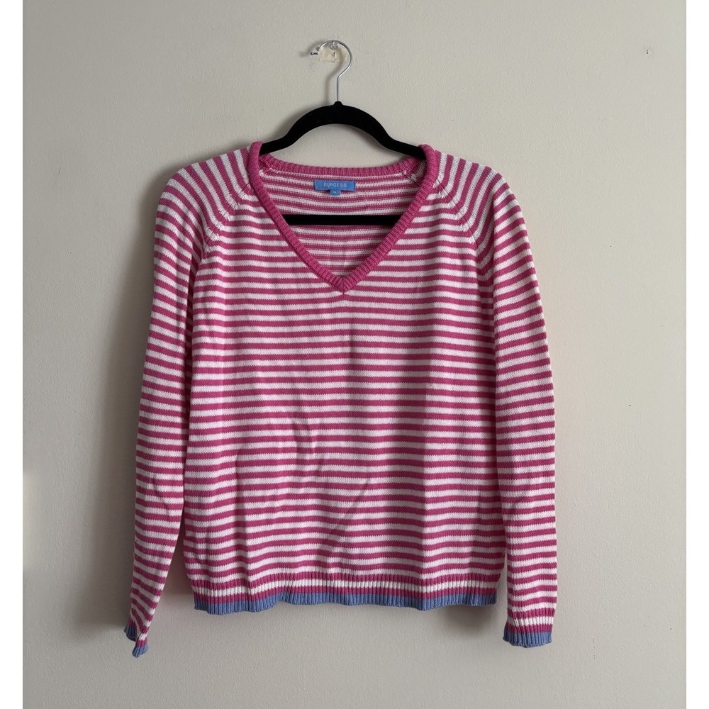 Burgess Medium‎ SILK Cotton V Neck Striped Sweater Pink White Coastal Preppy